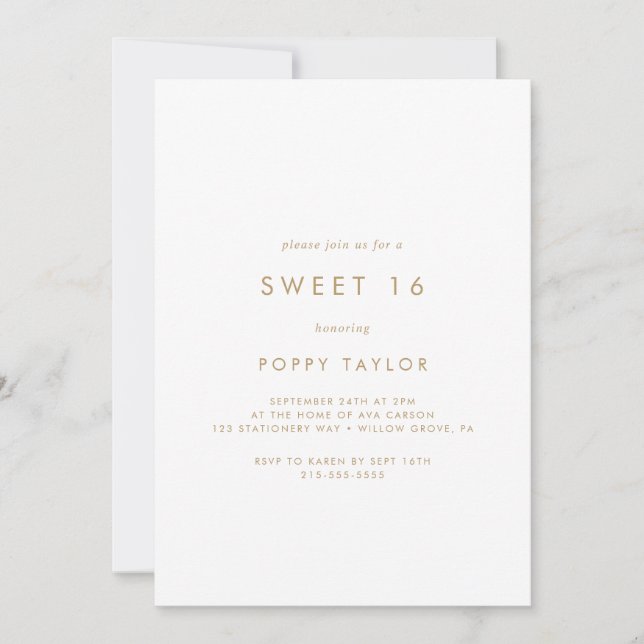 Invitation Typographie Or Chic Sweet 16 Anniversaire (Devant)