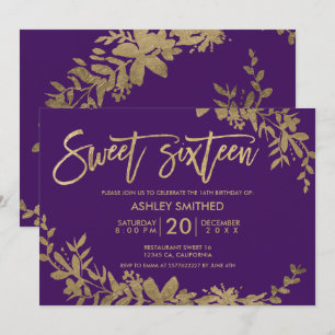 Invitation Typographie or feuille floral violet doux 16