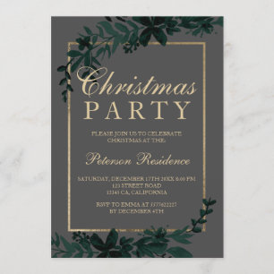 Invitation Typographie or Floral feuille grise Noël