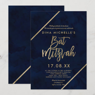 Invitation Typographie or marine bleu Bat mitzvah aquarelle
