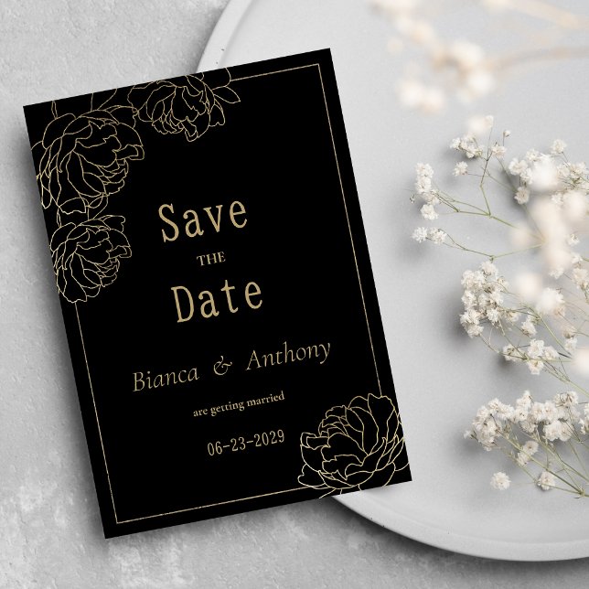 Invitation Typographie or noir luxe pivoine Enregistrer la da (Black gold typography peony luxury Save the Date)