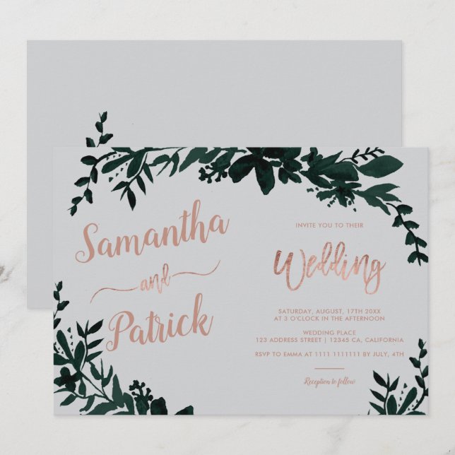 Invitation Typographie or rose Floral gris mariage paysage (Devant / Derrière)