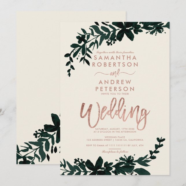 Invitation Typographie or rose mariage d'ivoire floral (Devant / Derrière)