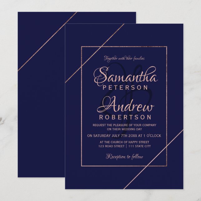 Invitation Typographie or rose moderne marine cadre mariage (Devant / Derrière)