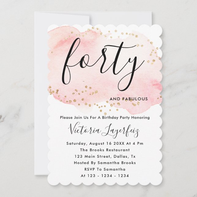 Invitation Typographie or rose noir chic 40e anniversaire (Devant)