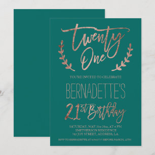 Invitation Typographie or rose plumes vert 21e anniversaire