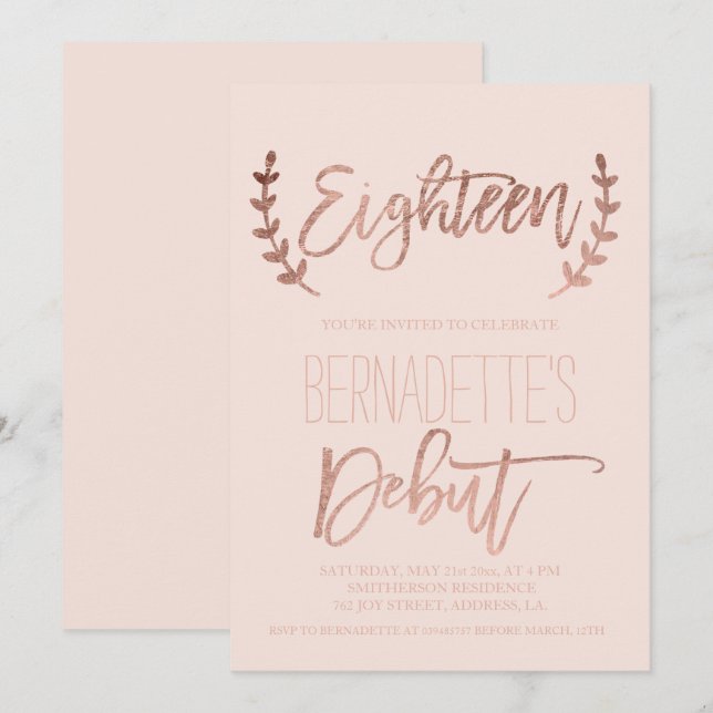 Invitation typographie or rose première blush 18e anniversair (Devant / Derrière)