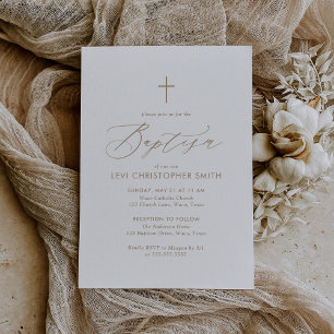Invitation Typographie Or Simple Élégante Croix Baptême
