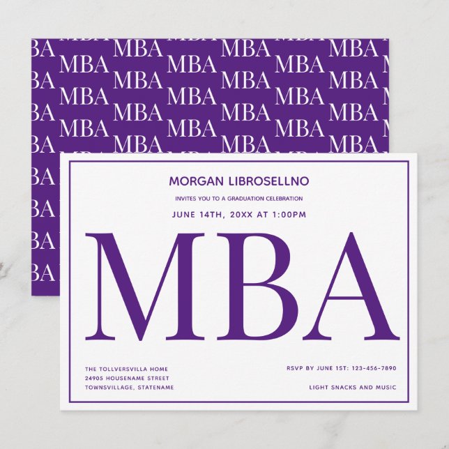 Invitation Typographie Purple White MBA Graduation Party (Devant / Derrière)