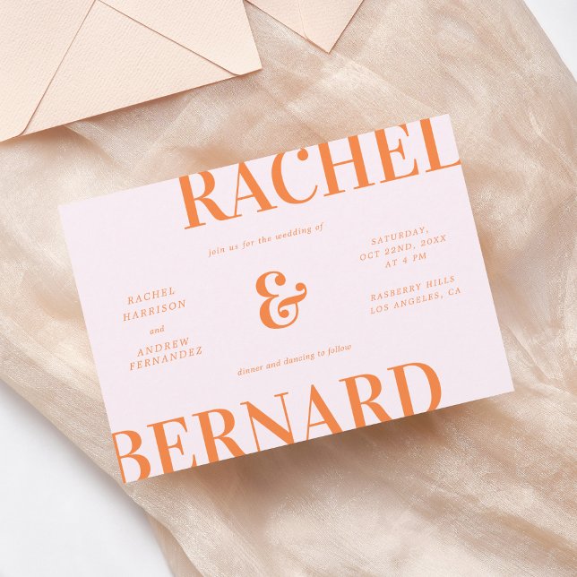 Invitation Typographie rétro rose et orange QR Code Mariage (Créateur téléchargé)