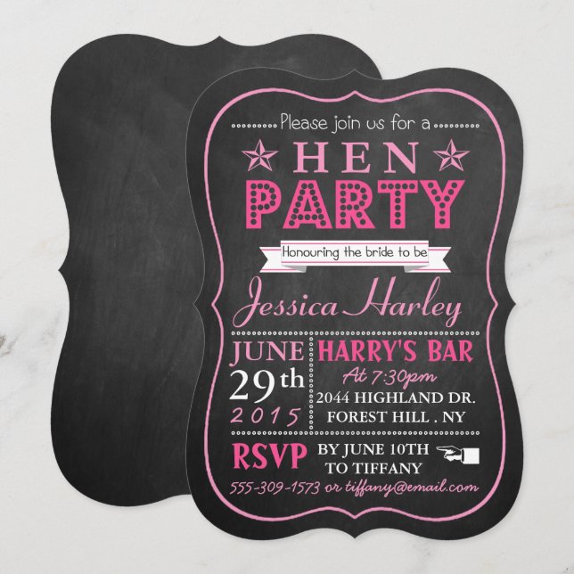Invitation Typographie rose Chalkboard Hen Party (Devant / Derrière)