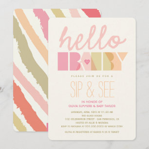 Invitation Typographie rose Girl Sip & Voir Hello Baby shower
