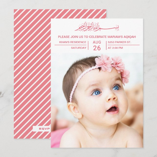 Invitation Typographie rose moderne Baby Girl Photo Aqiqah (Devant / Derrière)
