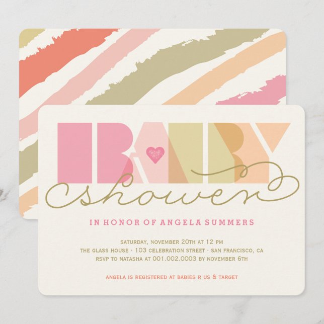 Invitation Typographie rose moderne Baby shower de fille colo (Devant / Derrière)