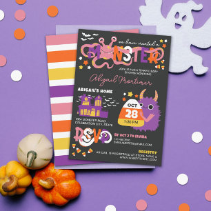 Invitation Typographie rose monstre Baby shower d'Halloween