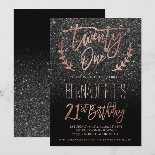 Invitation Typographie rose or parties scintillant noire 21e  (Devant / Derrière)