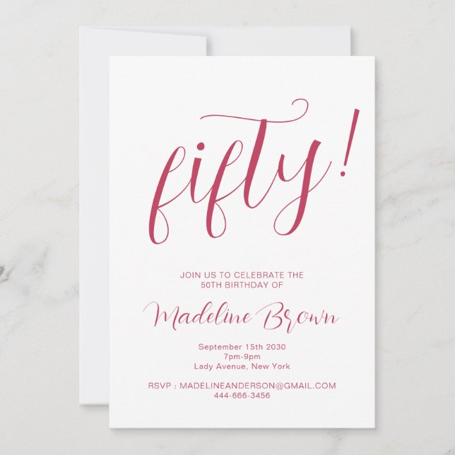 Invitation Typographie Script Magenta 50e anniversaire (Devant)