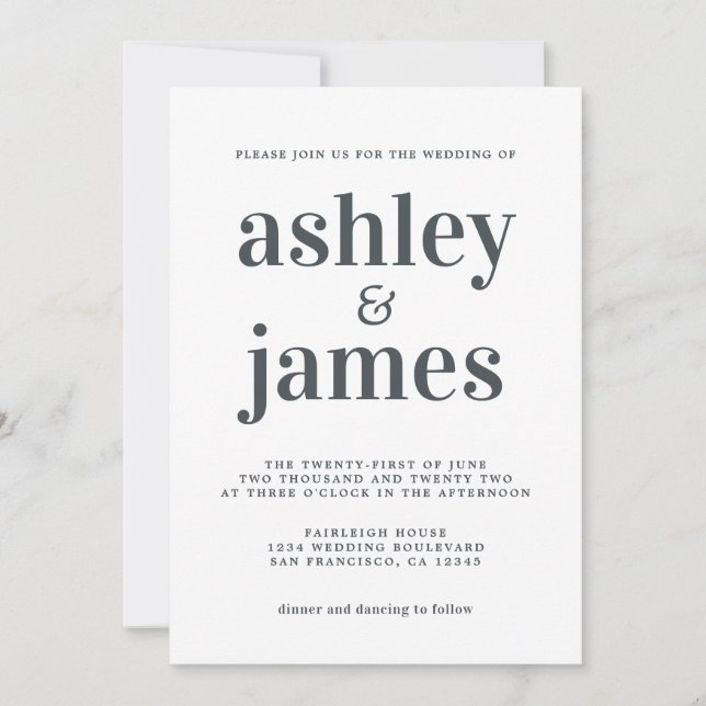 Invitation Typographie simple chic Mariage noir blanc (Devant)