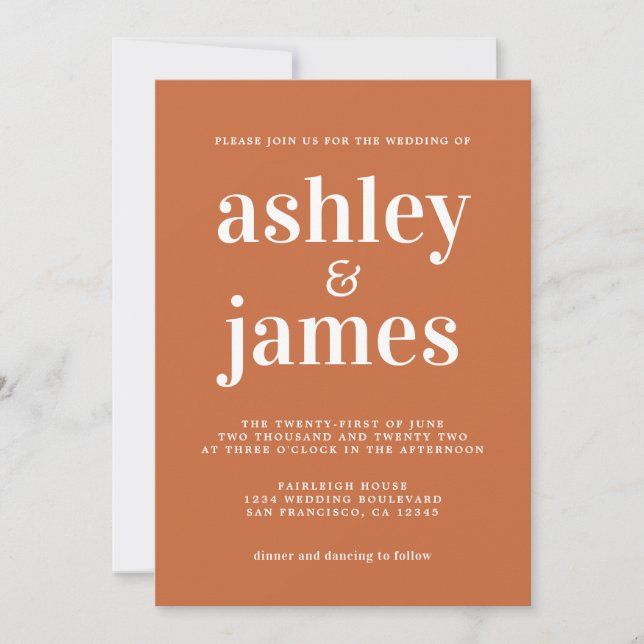 Invitation Typographie simple et chic Burange Mariage orange (Devant)