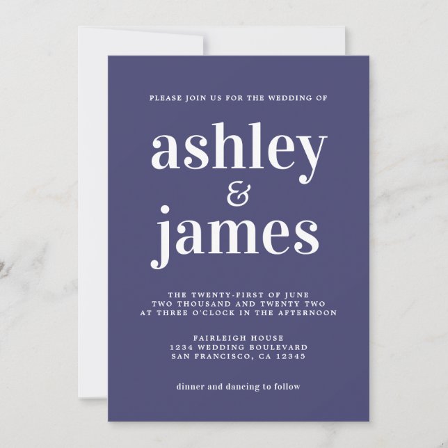 Invitation Typographie simple et chic Mariage bleu marine (Devant)