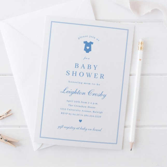 Invitation Typographie simple et élégante Baby shower bleu (Simple Classic Typography Blue Baby Shower Invitation.)