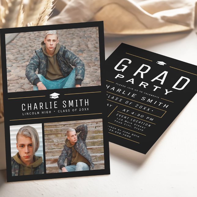 Invitation Typographie simple moderne 3 Photo Graduation Part (Modern Simple Typography 3 Photo Graduation Party Invitation)
