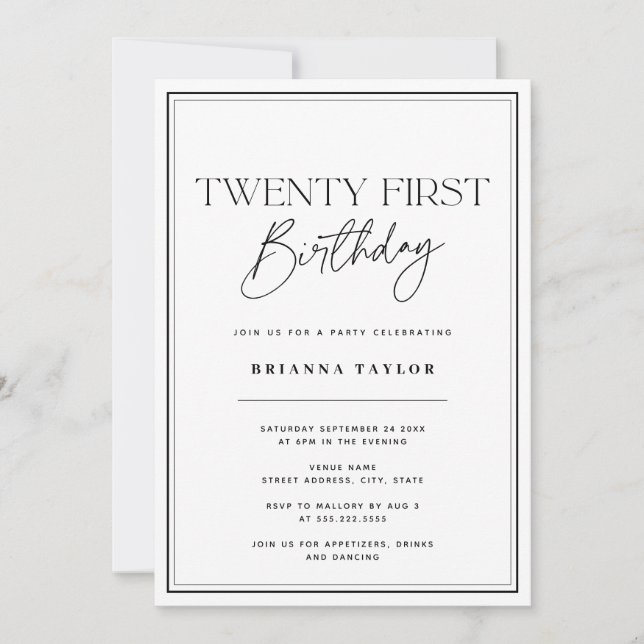 Invitation Typographie simple noir et blanc 21e anniversaire (Devant)