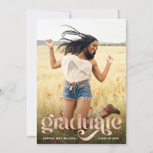 Invitation Typographie tendance Rose Gold Overlay Grad Party (Devant)