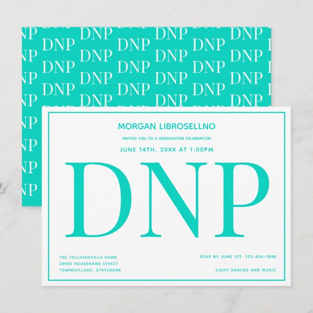 Invitation Typographie Turquoise White DNP Graduation Party (Devant / Derrière)