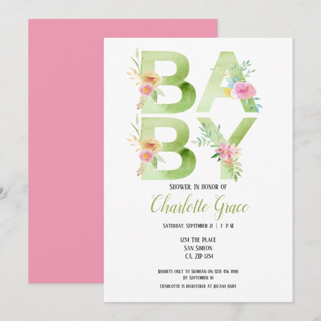 Invitation Typographie Vert Texte rose Baby shower Fleurs (Devant / Derrière)