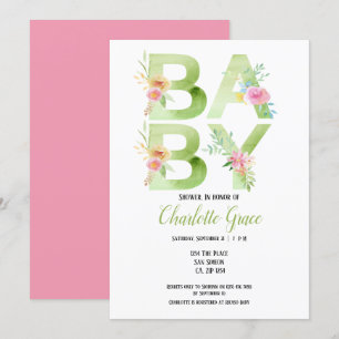 Invitation Typographie Vert Texte rose Baby shower Fleurs