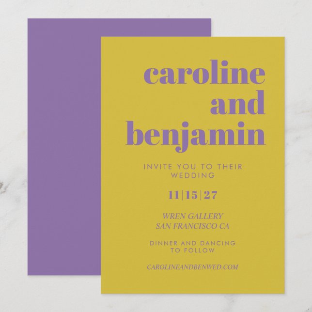 Invitation Typographie violette et jaune Gras Mariage moderne (Devant / Derrière)