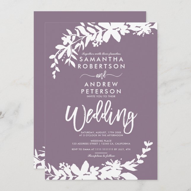 Invitation Typographie violette Floral blanc mariage (Devant / Derrière)