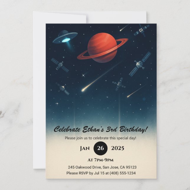 Invitation UFO & Space Station Galaxy Illustration Birthday  (Devant)