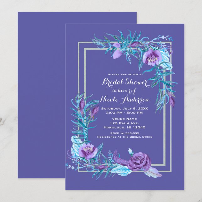 Invitation Ultra Violet et Fête des mariées Florale Aqua (Devant / Derrière)