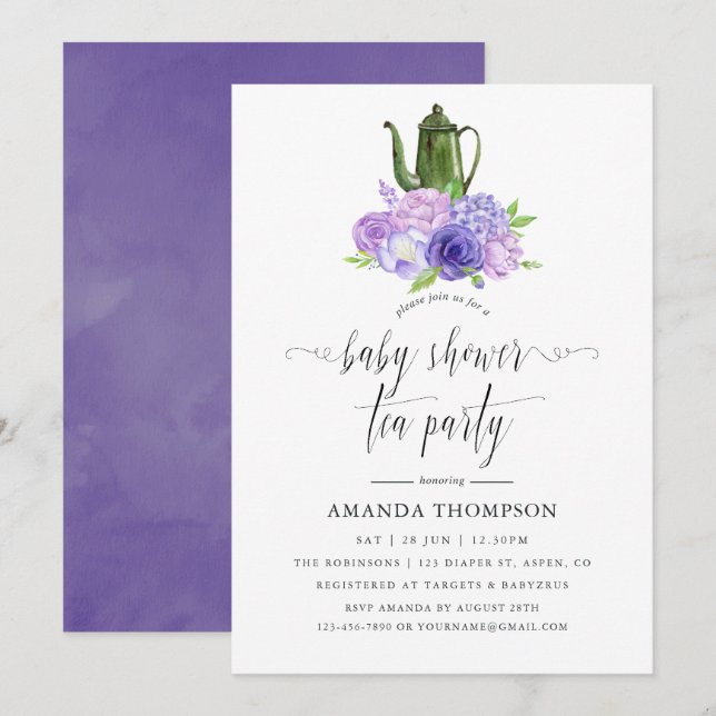 Invitation Ultra Violet Floral Baby shower Tea Party (Devant / Derrière)