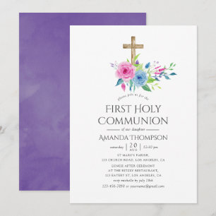 Invitation Ultra Violet Floral Première Sainte Communion
