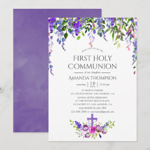 Invitation Ultra Violet Floral Première Sainte Communion