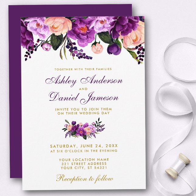 Invitation Ultra Violet Violet Floral Gold Wedding Inviter P (Customize to change text color, style, add text & photos to back or change color of back of card.)