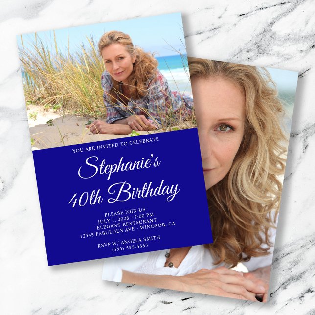 Invitation Ultramarine et blanc Élégant Script 40e anniversai (Cobalt Royal Blue and White Elegant Script 40th Birthday Invitation)