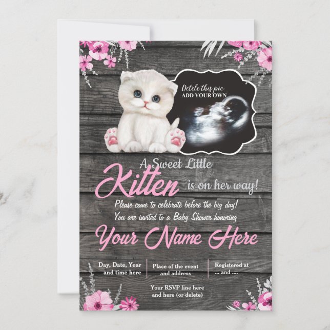 Invitation Ultrasound Baby Cat Baby shower Invitation, rustiq (Devant)
