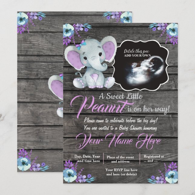 Invitation Ultrasound Baby shower éléphant Invitation, rustiq (Devant / Derrière)