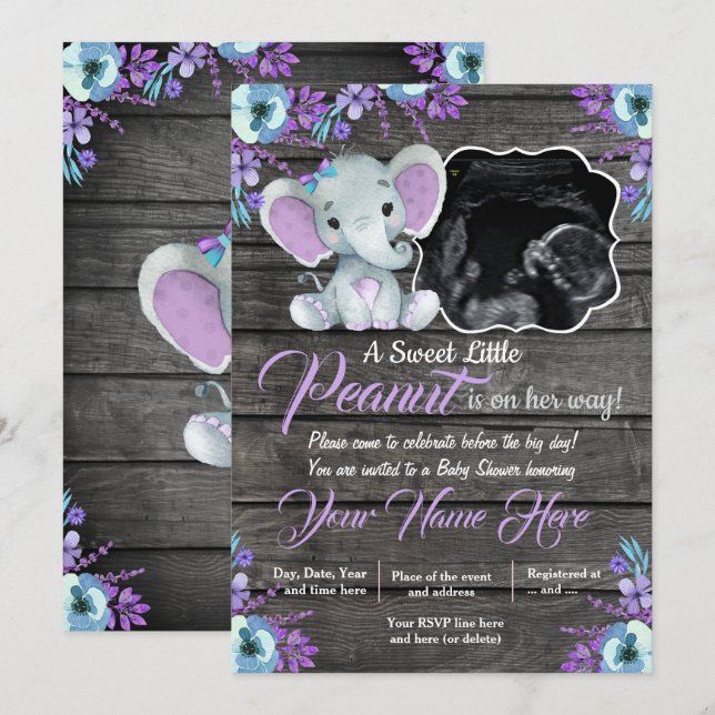 Invitation Ultrasound Baby shower éléphant Invitation, rustiq (Devant / Derrière)
