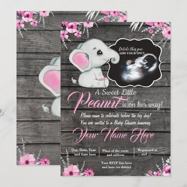 Invitation Ultrasound Baby shower éléphant Invitation, rustiq (Devant / Derrière)