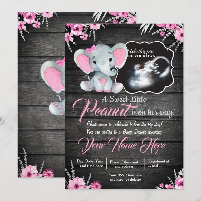 Invitation Ultrasound Baby shower éléphant Invitation, rustiq (Devant / Derrière)