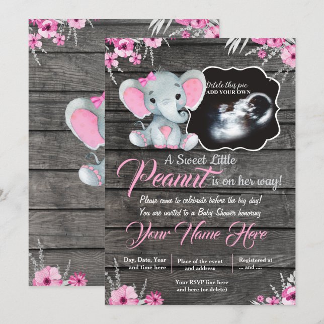 Invitation Ultrasound Baby shower éléphant Invitation, rustiq (Devant / Derrière)