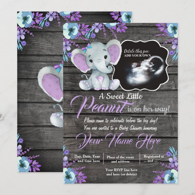 Invitation Ultrasound Baby shower éléphant Invitation, rustiq (Devant / Derrière)