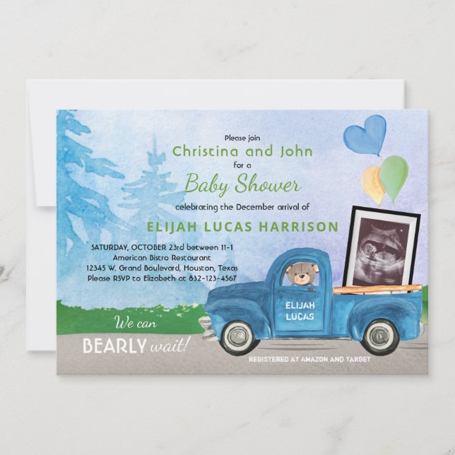 Invitation Ultrasound Photo Blue Truck Bear Baby shower (Devant)