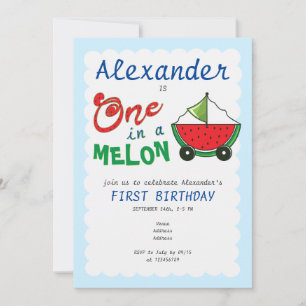 Invitation Un à Melon Blue Cute Bateau Tappage Jouet 1er Anni