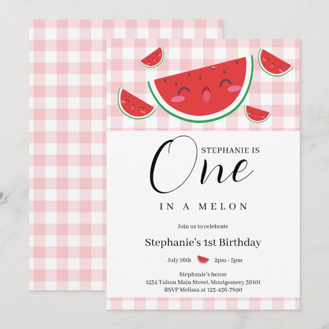 Invitation Un à Melon En vichy fête d'été 1er anniversaire (Devant / Derrière)